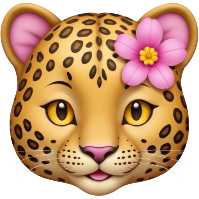 A cutE leopard face with EYES CLOSED and a peaceful smile. A pink flower with a yellow center is tucked behind its right ear emoji