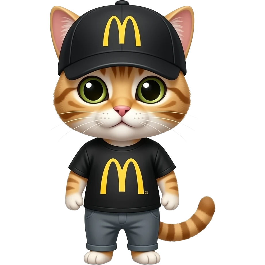 Gato beijo com um chapéu de McDonald's preto cobrindo o seus olhos e tem uma camisa preta do McDonald's e uma calça cinza emoji