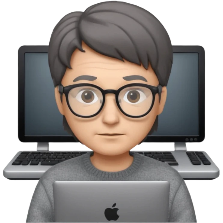 Profesor de pelo gris marrón oscuro con gafas un  jersey gris y un ordenador los óleos son marrones con poca cantidad de pelo emoji