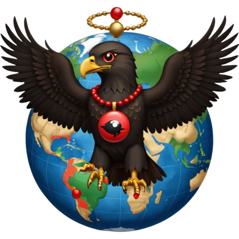 Fully black eagle with red mala bead necklace, the eagle's head facing the left with a single eye visible, wings spread full length, standing over an earth emoji with the African continent centered on the earth emoji. Replace the eye of the eagle with a Japanese Yen currency symbol. emoji