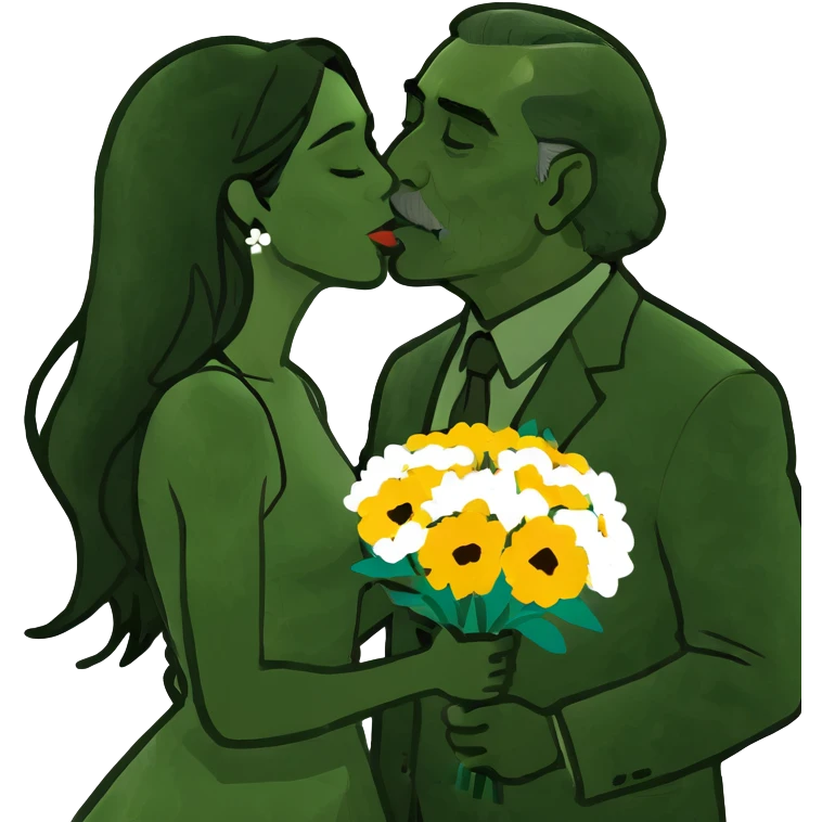 Beautiful woman with long dark hair, kissing a older Hispanic man emoji