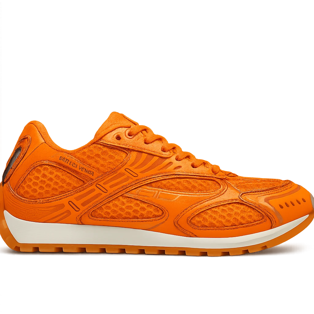 Recreate the Bottega Veneta Orbit sneaker in bright orange, keeping the exact design and details, side view, clean background, in a realistic and detailed style. emoji