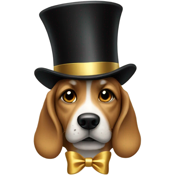 Dog wearing black top hat with gold ribbon tied around it emoji