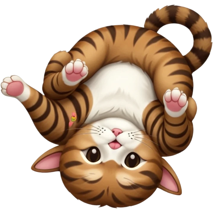 dark brown tabby and white cat in funny positions upside down with eyes closed emoji