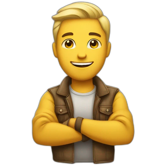 Proud, yellow skin tone emoji, man with his arms crossed, smile on his face, and a swag emoji