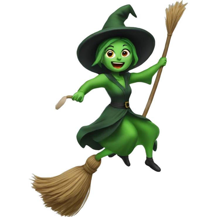 Green mad witch flying on a broom emoji