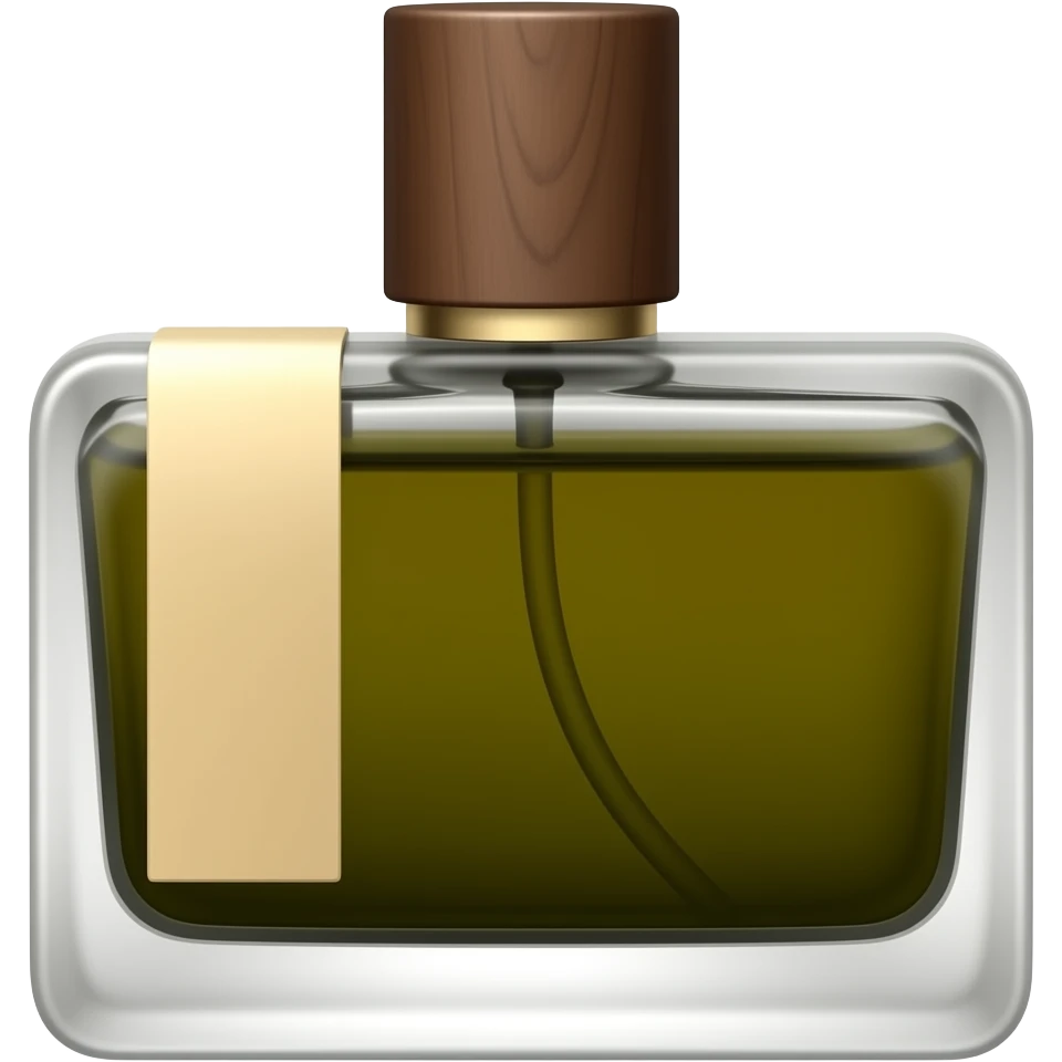 Дорогие духи амбровые с длинной темной деревянной крышкой и квадратным флаконом с темно-зелёной жидкостью, с бежевой этикеткой с с левой стороны тонкой и длинной emoji