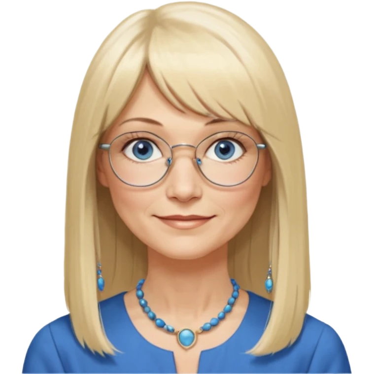 50 yr old white woman, hippie parted very long hair, short bangs, very long straight blond hair, oval face, small smile, blue eyes, thin face, hair downback, hair parted at center of head, round cheeks, pale, longer hair, business dress, long hair, big glasses emoji