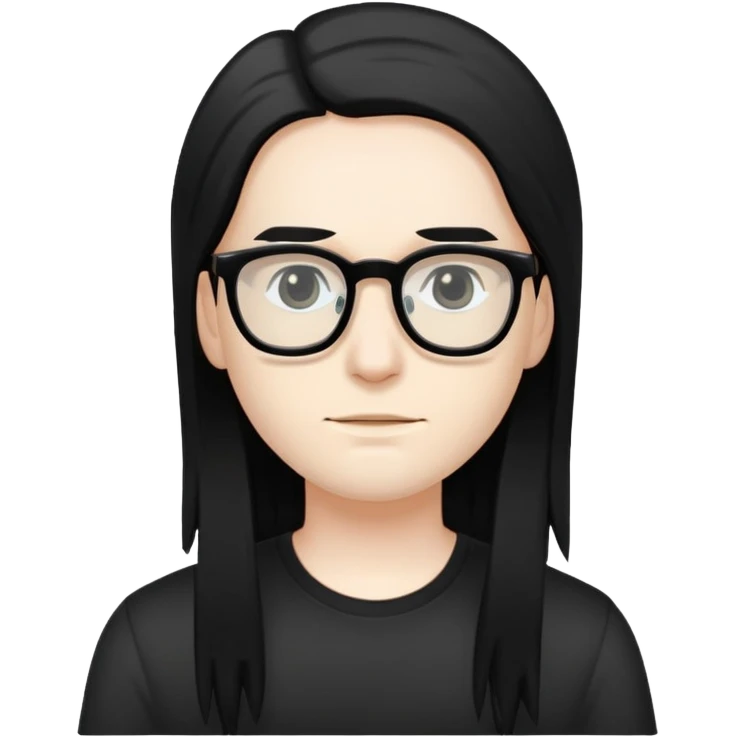 Pale white skin, long black hair, black eyes, wearing a black shirt, wearing glasses emoji