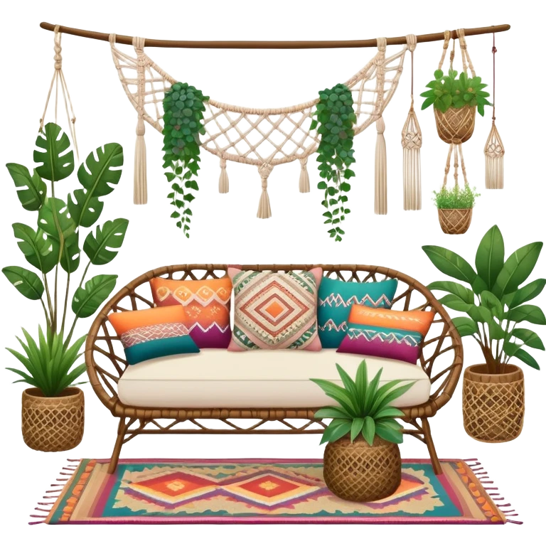 cozy bohemian living room with macrame wall hanging, plants, rattan furniture, and colorful cushions emoji