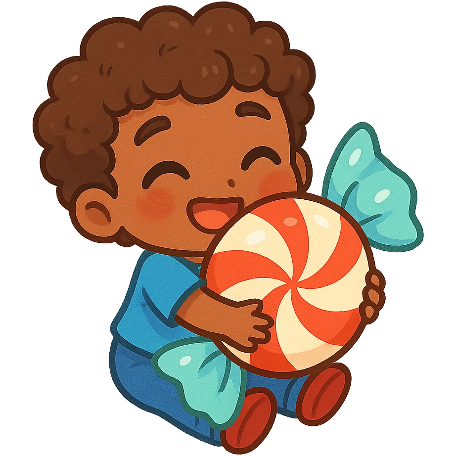 brown male chibi with curly hair, holding a large peppermint candy, smiling, vibrant colors emoji