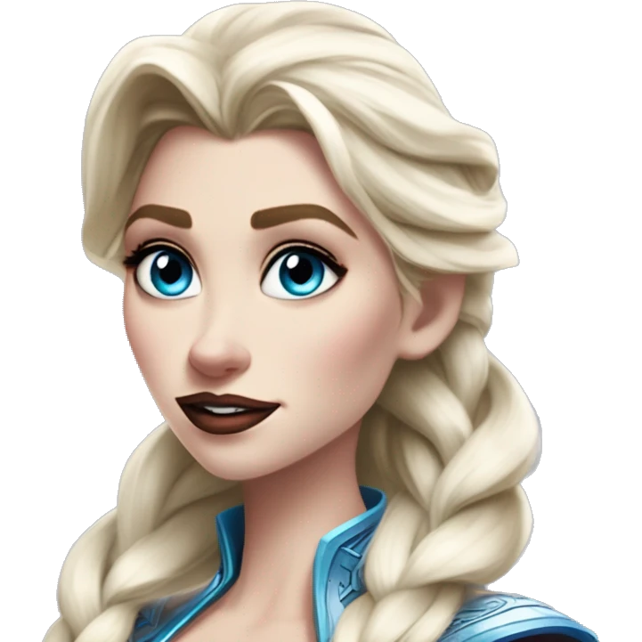 Warcraft geeky computer Elsa in Marvel Avengers style, oil paint, mysterious eyes, intricate lips, masterpiece pose, odd perspective, beautiful, desirable, logical emoji