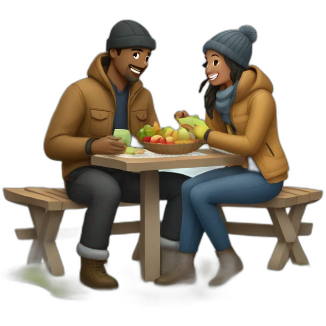 a couple having picnic in winter clothes emoji