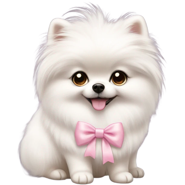 A white little Pomeranian with a cute little light pink bow on her hair emoji