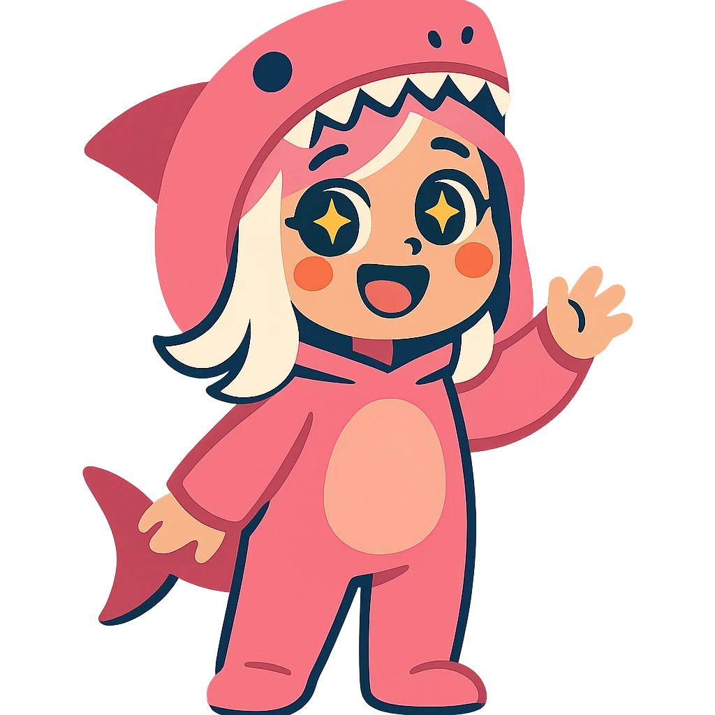 cute cartoon girl with white hair in a pink shark onesie, eyes sparkling with happiness emoji