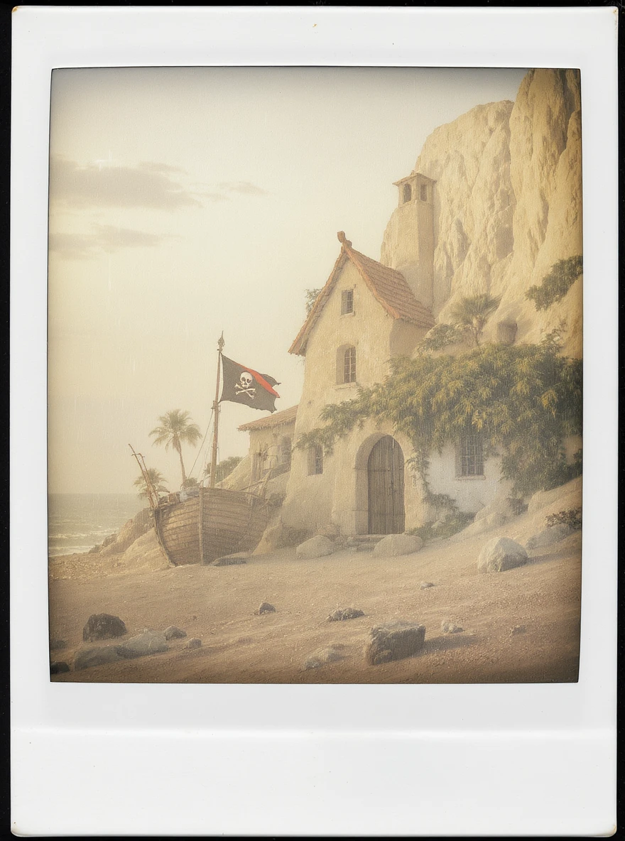 old pirate's house with skull flag emoji