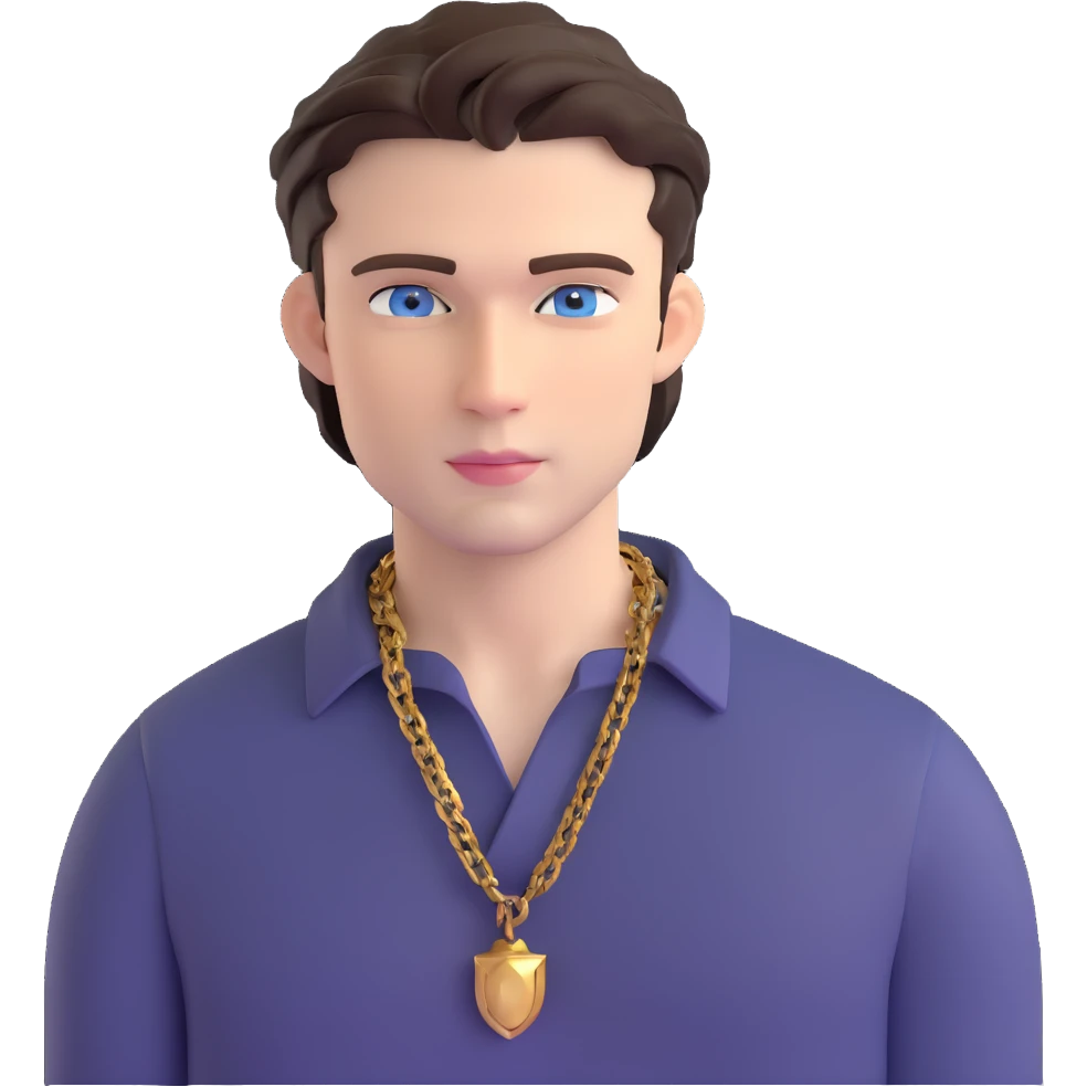 handsome male with intense blue-grey eyes, chiseled features, pale skin, confident smirk, dark brown styled hair, baddie energy, gold chain, stylish fitted shirt emoji