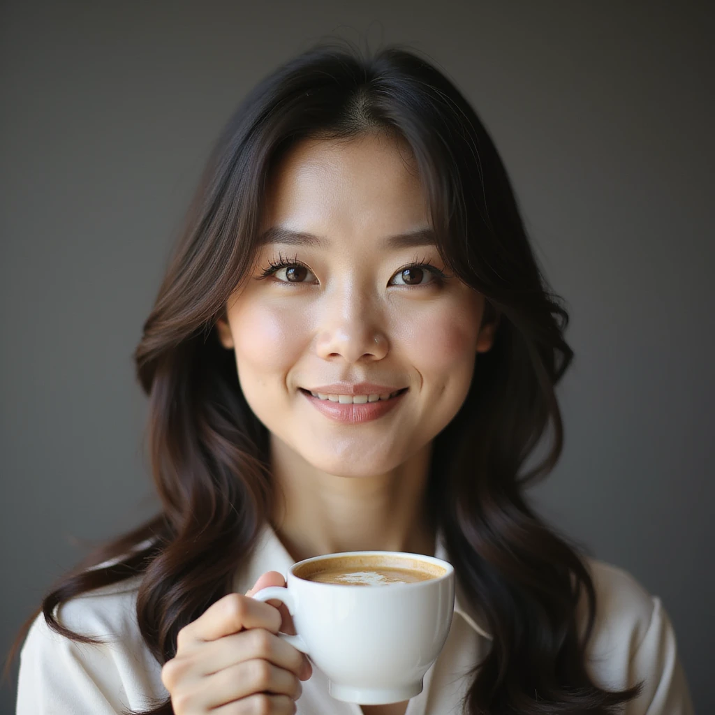 photorealistic upper-body portrait of a sophisticated Korean woman, age 25-35, elegant and refined, modern upscale vibe, values premium ingredients and quality, enjoys professional home café experience, perfect harmony of coffee and dessert, neutral background emoji