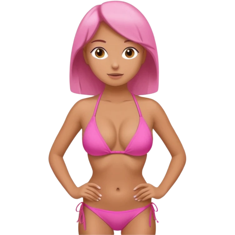 Lady with huge boobs, in a tight bikini, tanned, boobs are so big in tight pink and very revealing bikini, very round/spherical boobs emoji