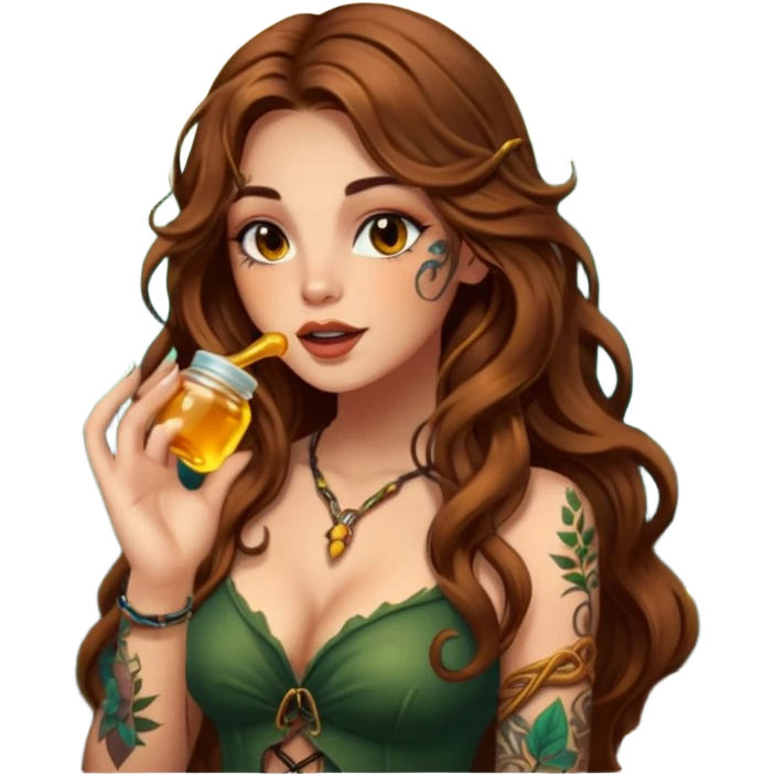 woman with long wavy brown hair, tattoos, forest mystic outfit, licking glowing honey from fingertip, flirty eyes emoji