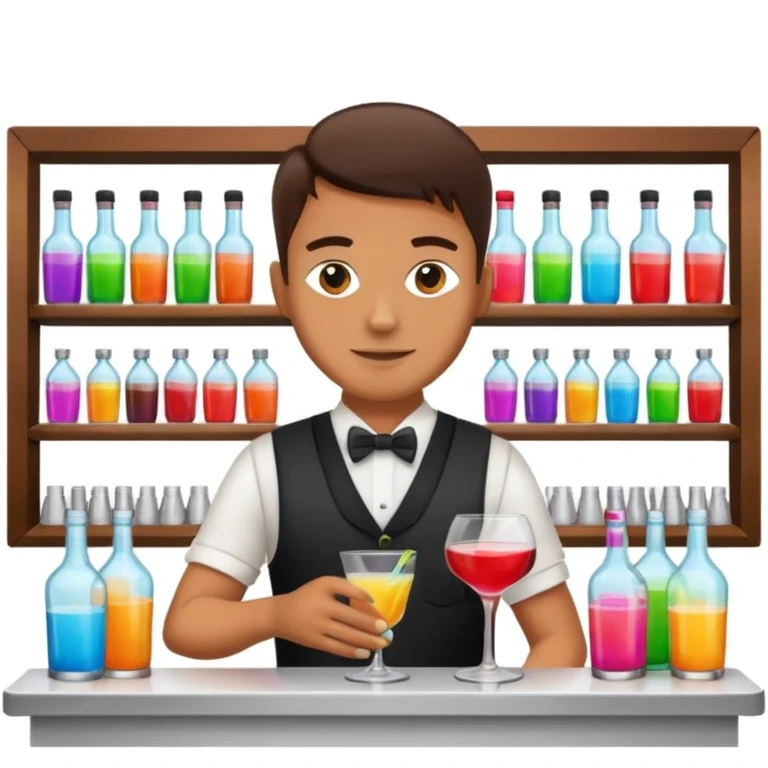 bartender mixing drinks, club backgroudn with bottles emoji