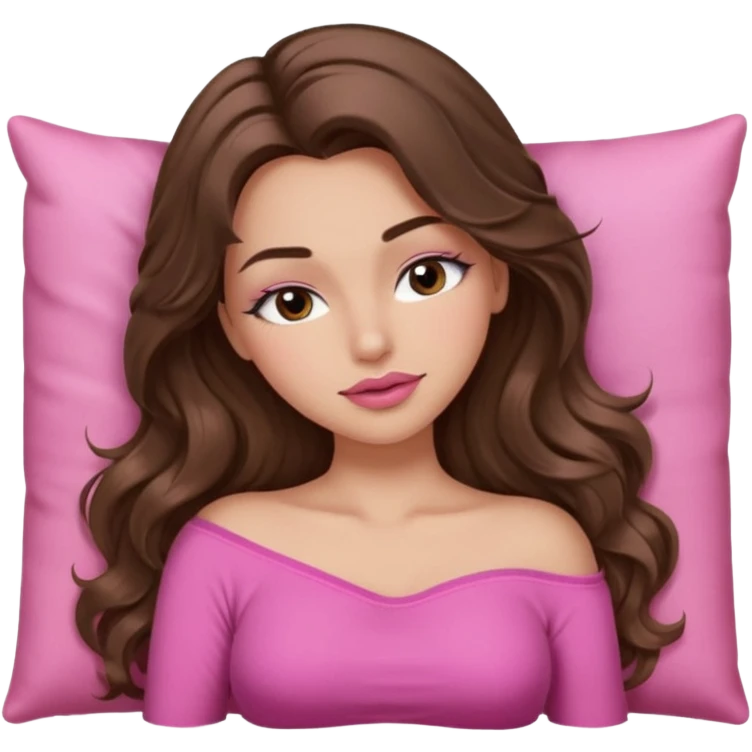 girl with long wavy brown hair, brown eyes, long lashes makeup, sexy pink lips, light to medium complexion, wearing a pink sexy top, sleeping emoji