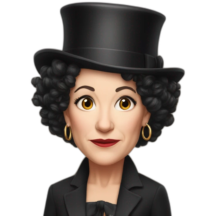 Susie Essman wearing a top hat and hoop earrings looking annoyed emoji