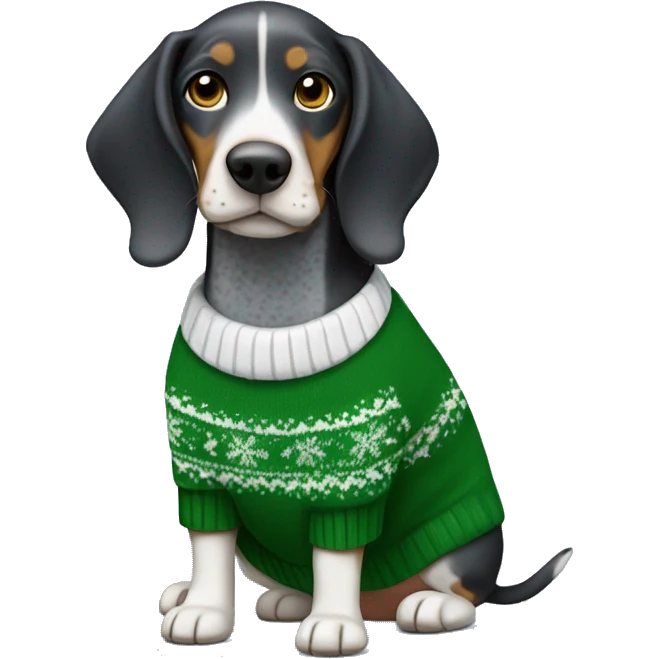 Miniature bluetick hound wearing a green Christmas sweater emoji