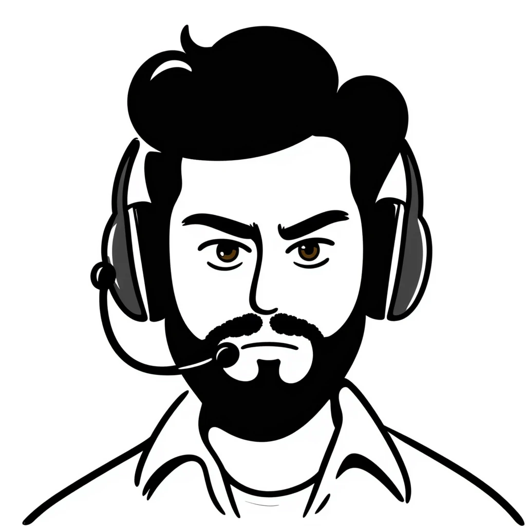 Serious face of a man with black hair, brown eyes, black beard, wearing a gaming headset emoji