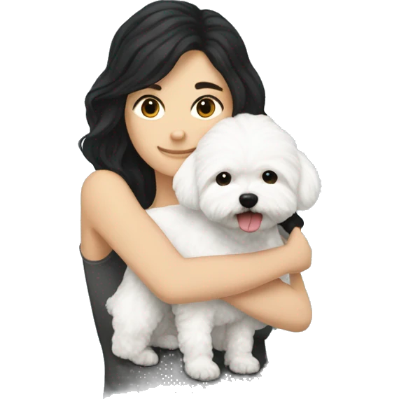 Long black-haired white woman hugging her white maltipoo emoji