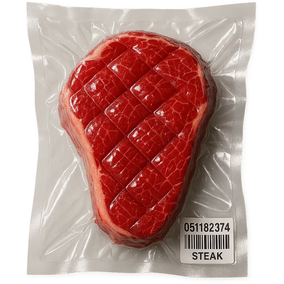 diamond-textured meat steak, shiny and inflated, vacuum-sealed style emoji