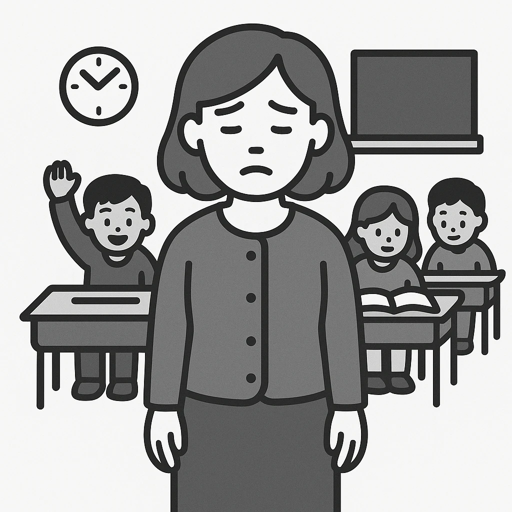 exhausted teacher in a bustling classroom emoji
