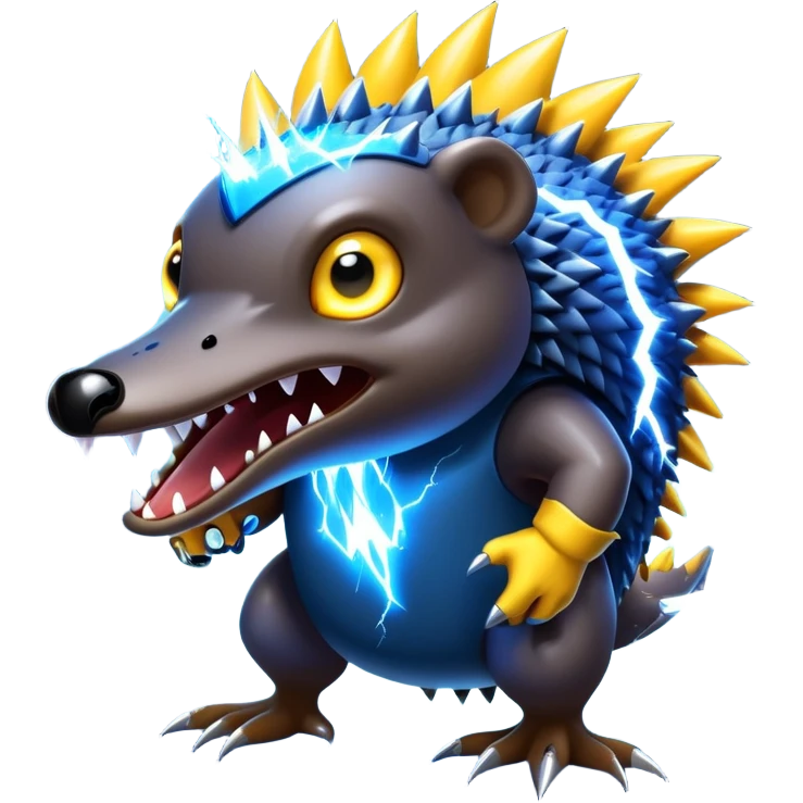 a fantastical dangerous and spooky electric platypus merged with a hedgehog with sharp teeth, metal electric spikes, and strong fangs, electricity and lightning coming, menacing look, yellow and blue lightning bolts emoji