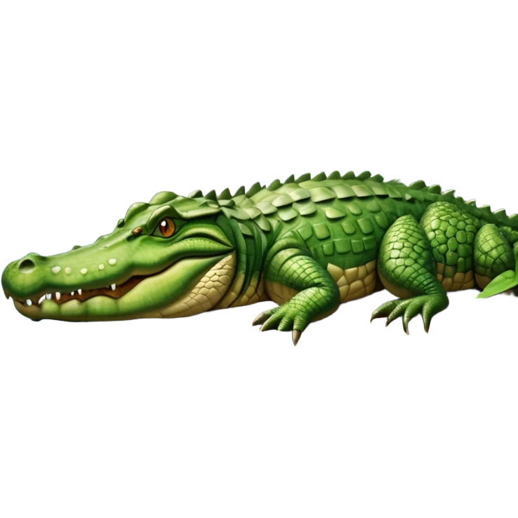 A large crocodile resting on a riverbank, part of its body in water, realistic scales and reflections, natural sunlight. emoji