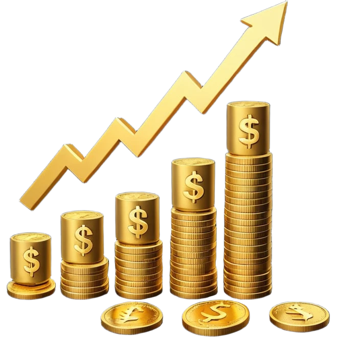 3D emoji-style bar chart showing $10K → $800 and $20K → $1,600 returns, coins and dollar signs flying upward, minimalist light background emoji