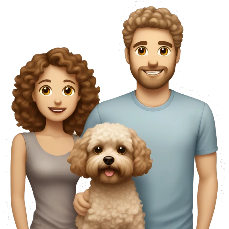 Family of  white man with brown hair with a curly brown hair girlfriend with a Maltipoo dog creamy colour  emoji