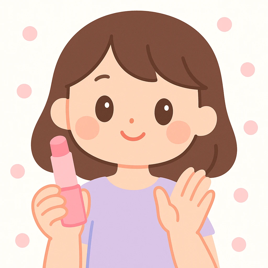 brunette girl with pink manicured nails, displaying a pink lip balm, cute and playful style emoji
