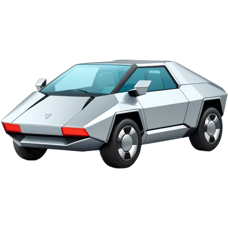 A futuristic chrome car emoji, sharp geometric body design inspired by cybertruck aesthetics, smooth silver metallic surface, matte and glossy chrome mix, minimal details, soft reflections, clean edges, iOS emoji style, centered, clean white background, soft studio lighting, no text emoji