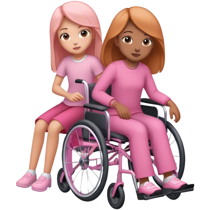 One peach skin sister pushing her light brown skin sister in a pink wheelchair emoji