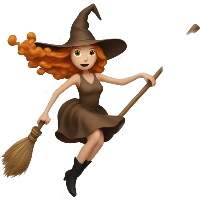 Ginger white witch in brown dress flying on broom emoji