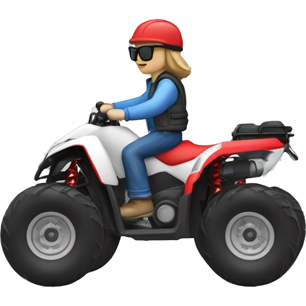 quad bike white with developer with blue jeans, red jacket and sunglasses riding emoji