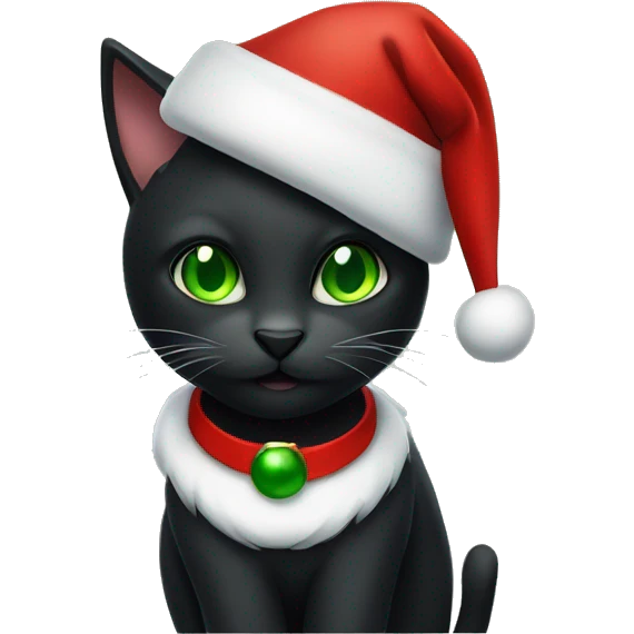 Black cat with green eyes wearing Santa hat emoji