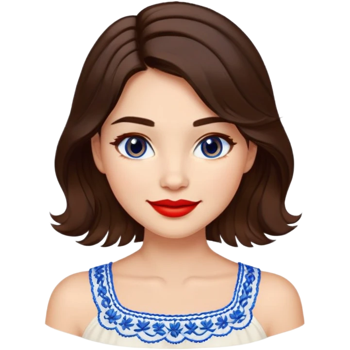 Enthusiastic woman with healthy glowing skin, round cheeks, warm smile, expressive light brown eyes, red lipstick, wavy dark brown shoulder-length hair, summery white top with blue embroidery and electric blue neckline emoji