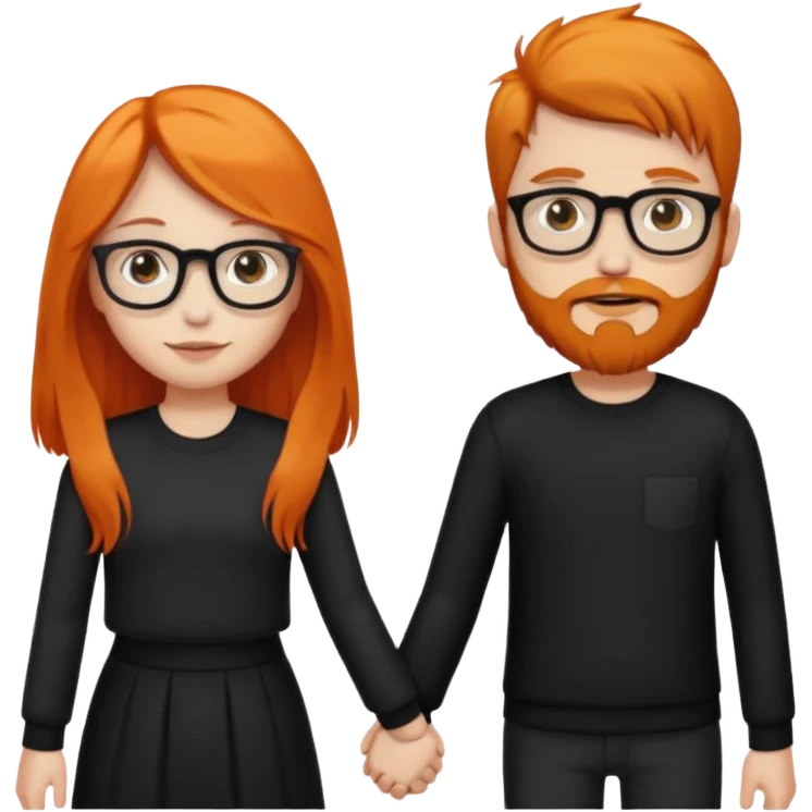 girl with long orange hair wearing no glasses and all black clothes and holding hands with boy with dark hair and beard and glasses and pale skin emoji