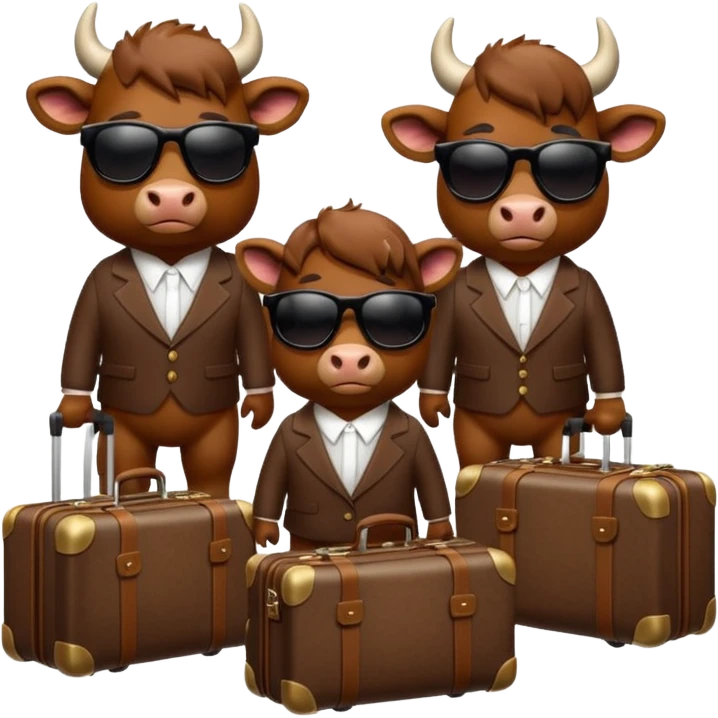 generate an emoji of a group of up to 8 male and female bulls travelling together on holidays. Include sunglasses and suitcases emoji