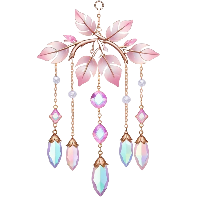 Hanging Iridescent pastel pink sakura crystals white-pearly suncatcher with bells and feathers emoji