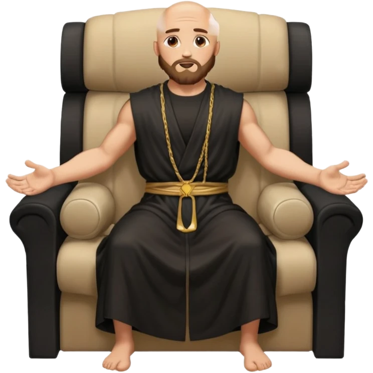 fullbody bald jesus christ jacked, sleeveless and unbuttoned in black robe sitting with elbows on armrests emoji