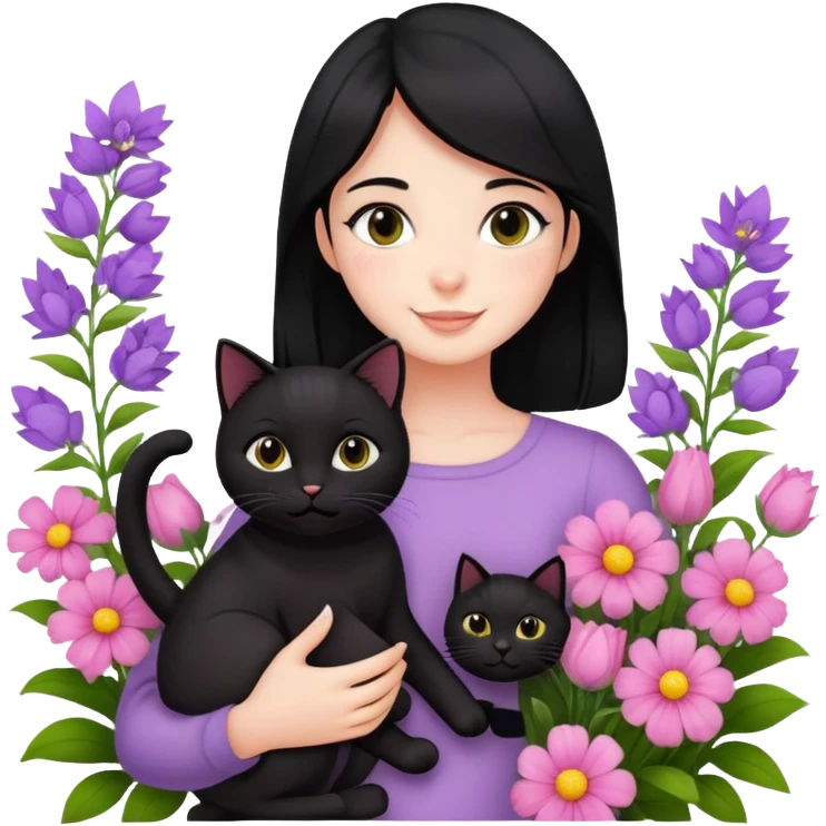 A black-haired girl happily holds a black cat in the flowers emoji