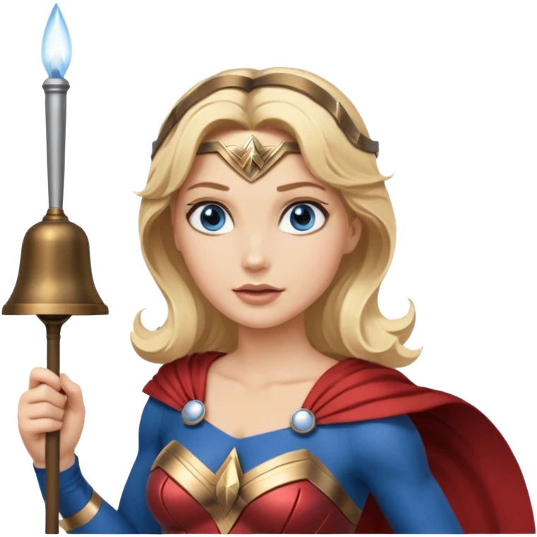 Blonde blue eyes Wonder Woman holding bell and short white conductor baton emoji