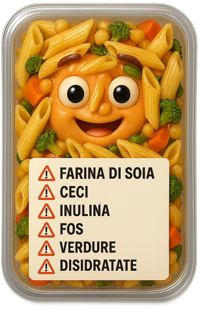 SU QUESTO STILE FAI UN EMOJI STILE IPHONE 3D DI UN insalata di pasta precotta preconfezionata con ETICHETTA CON GLI INGREDIENTI SCRITTI, "farina di soia, ceci, inulina, FOS, GOS, verdure disidratate" accanto ad ogni nome scritto mettici un segnale di allarme, FALLO MOLTO REALISTICO IN 3D emoji